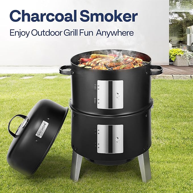 VIVOHOME 3-in-1 Vertical Charcoal Smoker, BBQ Smoker Grill with Built-in Thermometer, Air Vent, and 2 Access Doors, Idea for Parties, Backyard, Barbecues