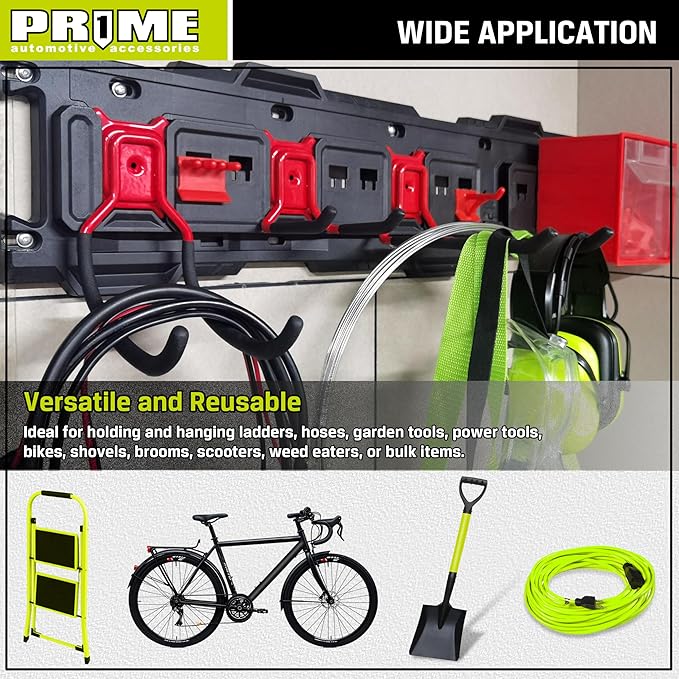 PR1ME 11 pcs Garage Storage Wall Mount Organizer Kit, Garage Storage Wall Rails with Utility Garage Wall Mount Hooks, 2X 31 inch Wall Rails, 4 Steel Garage Hooks, 5 Plastic General Purpose Hooks