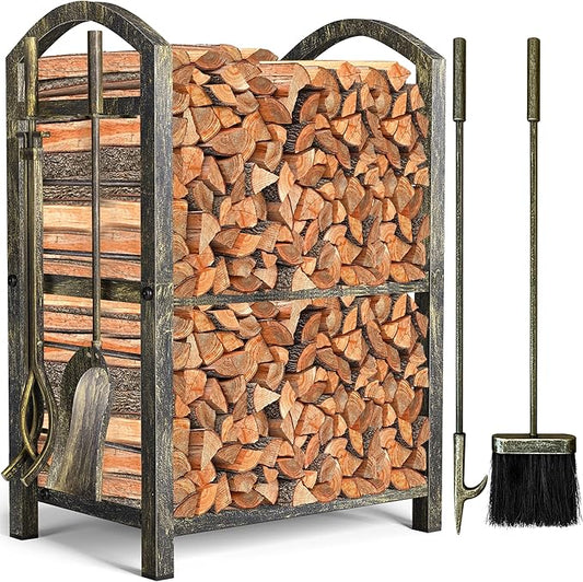 AMAGABELI GARDEN & HOME Firewood Rack Indoor with Tools 5-Piece Fireplace Tools Set Wood Holder Outdoor Wrought Iron Heavy Duty Firewood Storage Rack for Fireplace,Fire Pit,Wood Stove Bronze