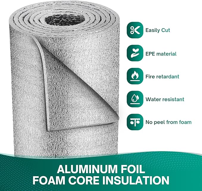 Window Insulation for Winter, Reflective Insulation Roll 59 in X 99 in, Double-Sided Aluminum Foam Core Radiant Barrier Kit with Tape for RV Windows Garage Door