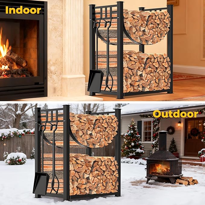 AMAGABELI GARDEN & HOME 31.6in Large Firewood Rack Fireplace Tools Set Wood Holder Indoor log Rack With Tools Tall for Wood Stove Firepit Campfire Storage Stacking Wrought Iron Accessories Outdoor