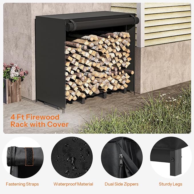 HOOBRO 4FT Firewood Rack with Cover, Outdoor Firewood Log Rack, Adjustable Log Holder with Waterproof Cover, Fireplace Wood Storage, Heavy Duty Wood Holder, for Indoor and Outdoor, Black BB01CH02