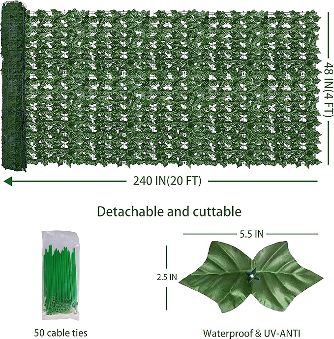 Artificial Fence Privacy Screen: 4FT x 20FT UV-Anti Faux Greenery Backdrop Ivy Chain Link Shades Panels for Patio, Balcony, Garden,Deck,Backyard Indoor Outdoor Green Wall Decor