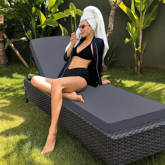 Outdoor Chaise Lounge Cushion Set of 2, Fadesafe Water-Repellent Lounge Deck Reclining Chair Cushions for Patio Furniture Lawn Pool Resort Hotel, 72x21x3 Inch, Dark Grey