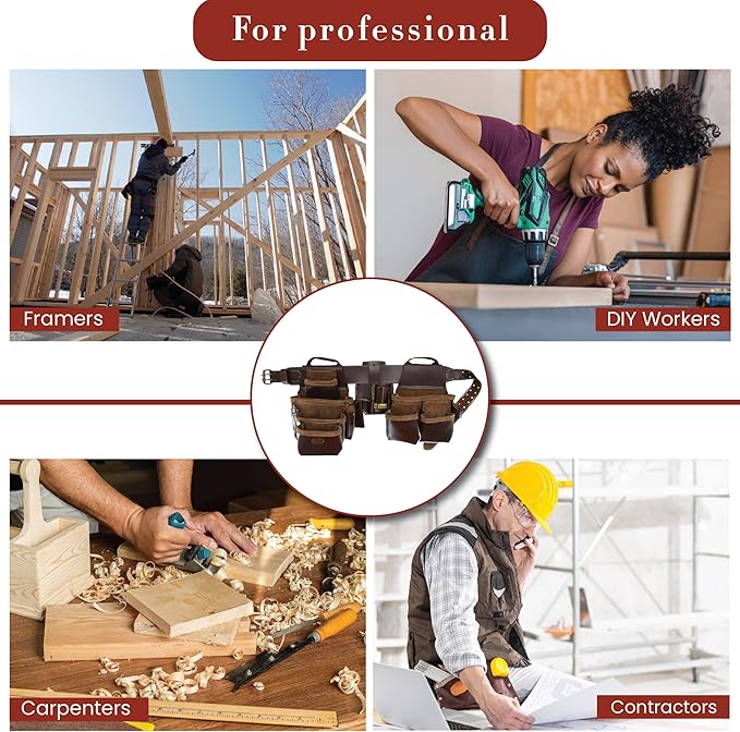 Style n Craft 4-Piece and 22-Pocket Pro Framer’s Combo, Tool Belt with 2 Tool Pouches, a 4-Pocket Multi-Tool Holder, and 1 Leather Hammer Loop, Full-Grain Leather Carpenter Tool Belt, Dark Tan (98454)