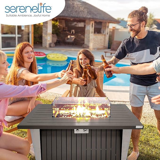 52 Inch Gas Fire Pit Table, 50,000 BTU Propane Pits for Outside with Steel Lid and Lava Rock, 2 in 1 Firepit Table Gatherings Parties on Patio Deck Garden Backyard