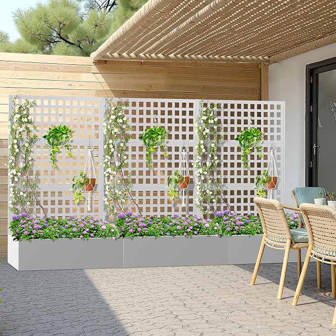 Metal Planter Box with Trellis, Heavy-Duty Raised Garden Bed for Climbing Plants, Drainage Hole, Outdoor Planter Box with Privacy Screen,47''L×16''W×71''H