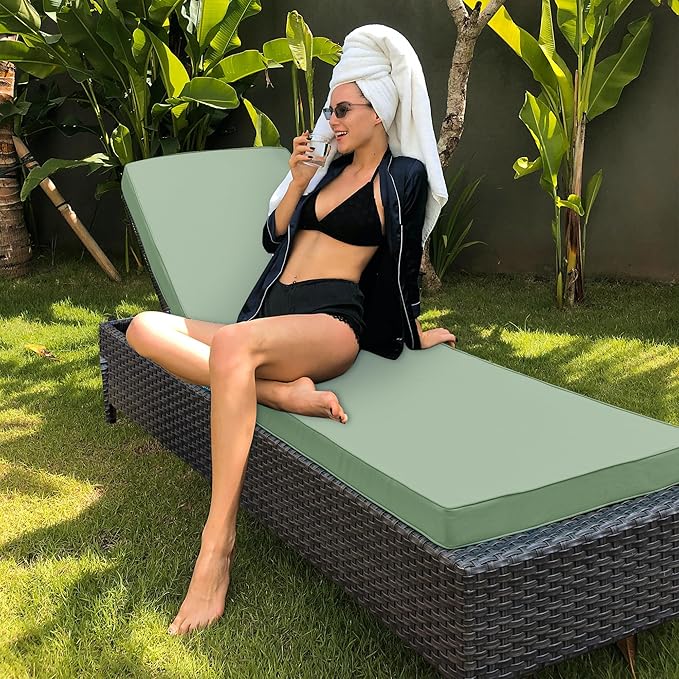 Outdoor Chaise Lounge Cushion Set of 2, Fadesafe Water-Repellent Lounge Deck Reclining Chair Cushions for Patio Furniture Lawn Pool Resort Hotel, 72x21x3 Inch, Sage Green