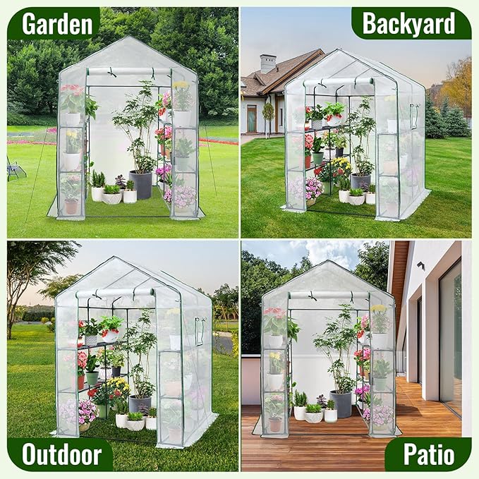 Greengro Greenhouse, 57 x 57 x 76'' Greenhouses for Outdoors, Portable Greenhouse Kit with Mesh Side Windows, PE Cover, 8 Shelves, Heavy Duty Walk in Green House for Backyard Garden Indoor Outside
