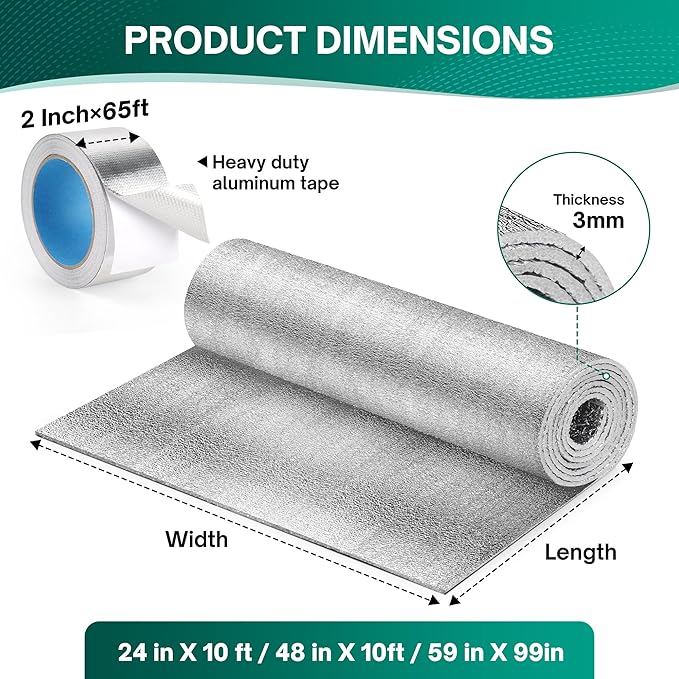 Window Insulation for Winter, Reflective Insulation Roll 59 in X 99 in, Double-Sided Aluminum Foam Core Radiant Barrier Kit with Tape for RV Windows Garage Door