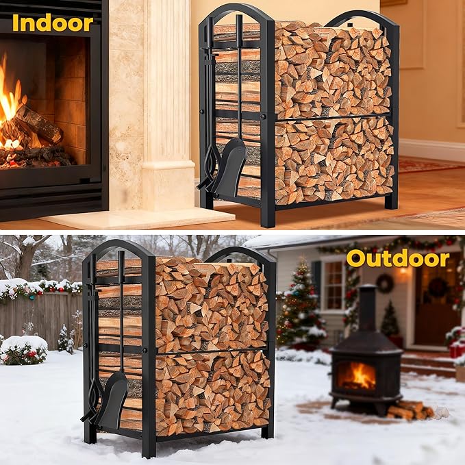 AMAGABELI GARDEN & HOME Firewood Rack Indoor with Tools 5-Piece Fireplace Tools Set Wood Holder Outdoor Wrought Iron Log Holder Heavy Duty Firewood Storage Rack for Fireplace,Fire Pit,Wood Stove Black