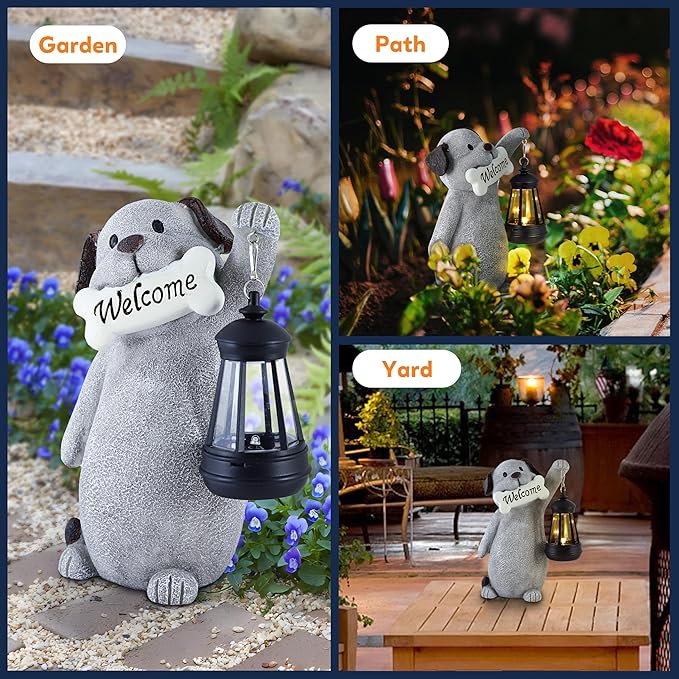 Solar Dog Statues for Garden Decor - Outdoor Dog 9.2in Figurines with Solar Lantern for Yard Patio Lawn Balcony Ornaments - Garden Gifts for Mothers Day, Grandma, Easter