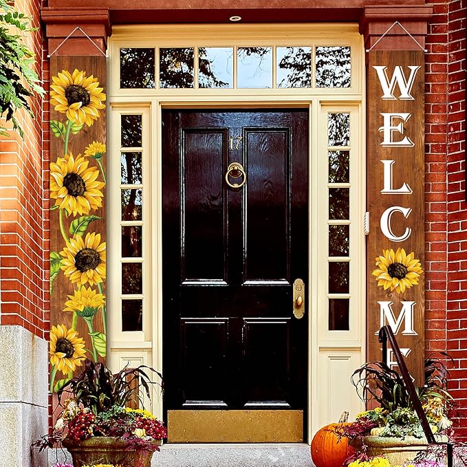 Tatuo Sunflower Welcome Hanging Banners Fall Porch Banners Flags Autumn Door Banner Thanksgiving Hanging Banner for Front Door Garden Home Yard Sunflower Party Decorations(Wood Background)