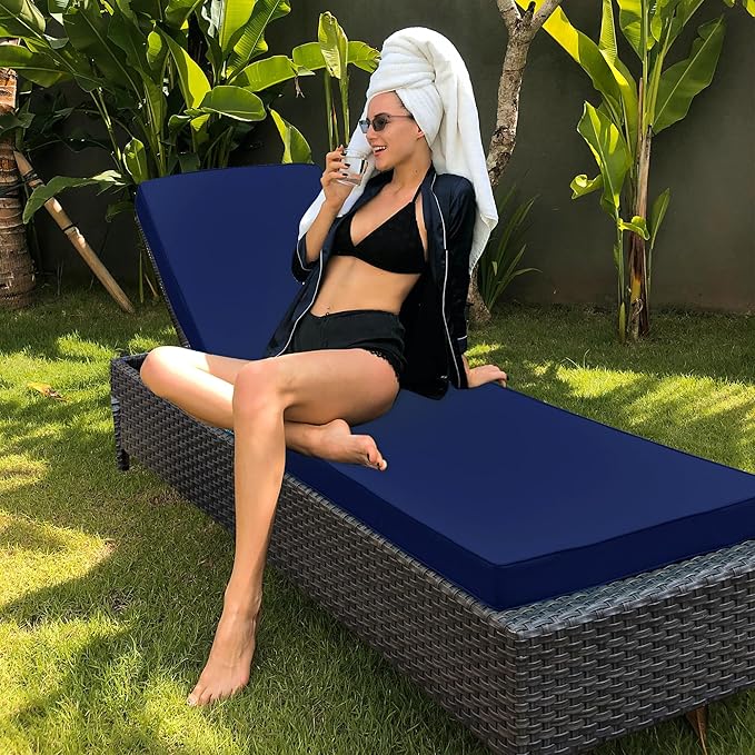 Chaise Lounge Cushion Outdoor, Waterproof and Stain-Resistant Lounge Deck Reclining Chair Cushions for Patio Furniture Lawn Pool Resort Hotel, 72x21x3 Inch, Set of 4, Navy
