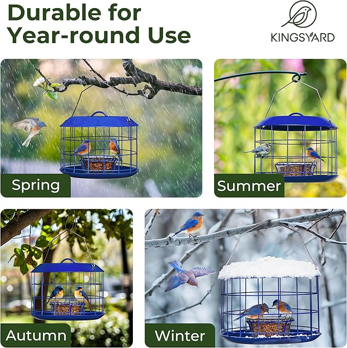 Kingsyard Bluebird Feeders for Outdoors Hanging, All Metal, Cage Mealworm Bird Feeder with Tray, Squirrel Proof & Weatherproof, Easy to Refill & Clean (Blue)