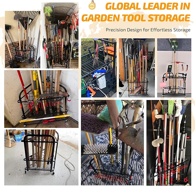 PLKOW Garden Tool Organizer with Wheels and Storage Hooks, Rolling Corner Tool Storage Rack for Garden, Shed, Garage, Powder Coated Steel, Black