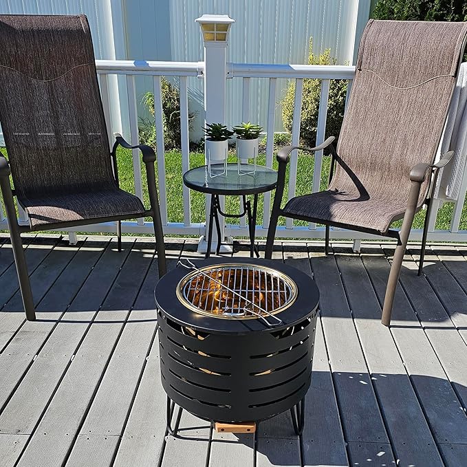 Portable Outdoor Fire Pit Set, 19 Inch Stainless Steel, Silver, Classic Style, Wood Burning, Low Smoke, Includes Fire Poker, Stand, Cloth Cover, Grill Rack