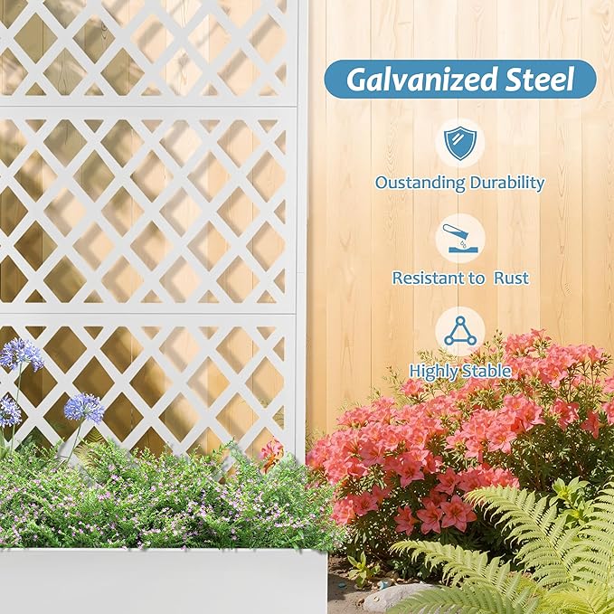 Metal Planter Box with Trellis & Wheels, Raised Garden Bed with Privacy Screen, Outdoor Standing Flower Beds with Drainage Hole for Climbing Plants, Vine, 35.4" L x 15.7" W x 70.9" H, White