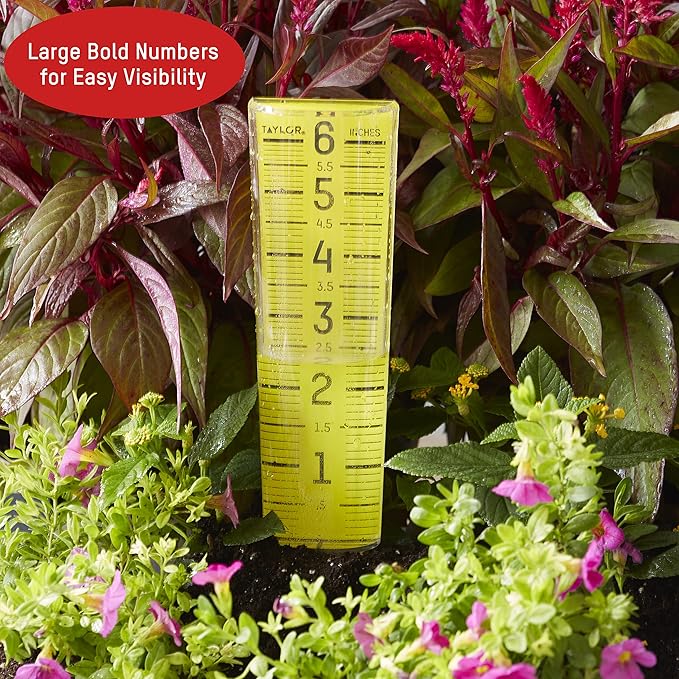 Taylor ClearVu Rain and Sprinkler Gauge, Measure and Monitor Precipitation, Easy to Read for Backyard, Patio, Garden, and Lawn, 6-inch Capacity, Clear