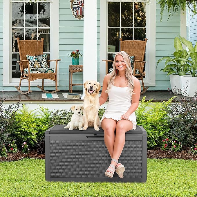 Devoko 100 Gallon Waterproof Large Resin Deck Box Outdoor Storage Box Indoor Lockable Storage Container with Cushion for Patio Furniture Garden Pool Cushions (Grey)