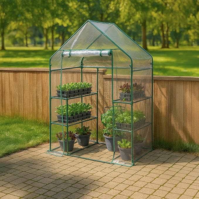 Miracle-GRO 4'8" x 29" x 6'5" Outdoor Mini Walk-in Greenhouse Plant Tent, All-Season Small Walk-in Plant Growth Accelerator with 4 Wire Shelves, Clear