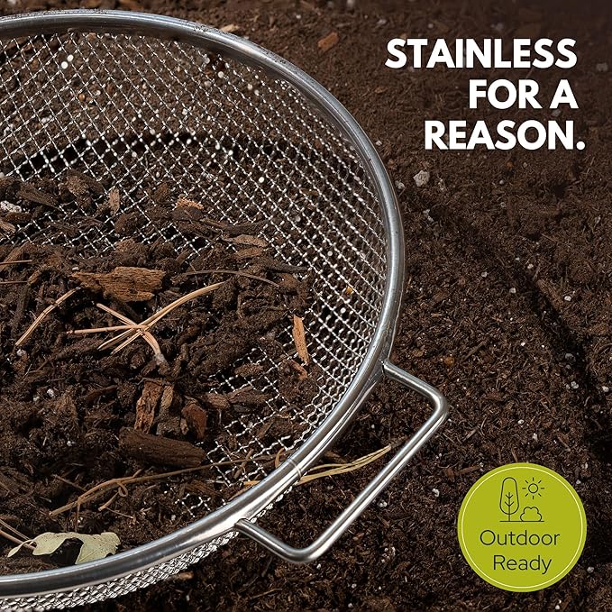 Round Soil Sifter for 5-Gallon Bucket (1/4-inch Mesh), Stainless Steel Garden Sieve with Handles