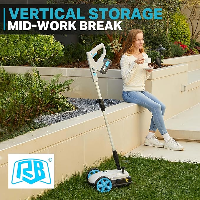 RB 9" Cordless Lawn Mower, 40V 2Ah Battery & Charger, Upright Storage, Brushless Motor 6000RPM, 3 Cutting Heights (1.2"-2"), One-Hand Steering, Detachable Handle, Safe Tilt 20°-70° for Small Yards