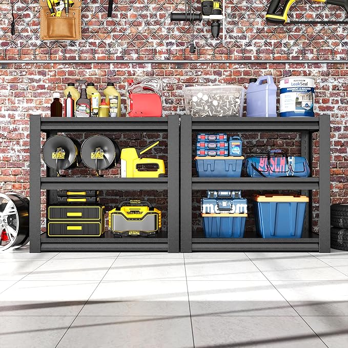 3-Tier Metal Shelf, Small Storage Shelves Heavy Duty Garage Shelving Organization, Utility Tool Storage Racks for Workshop Basement Kitchen Balcony (Black)