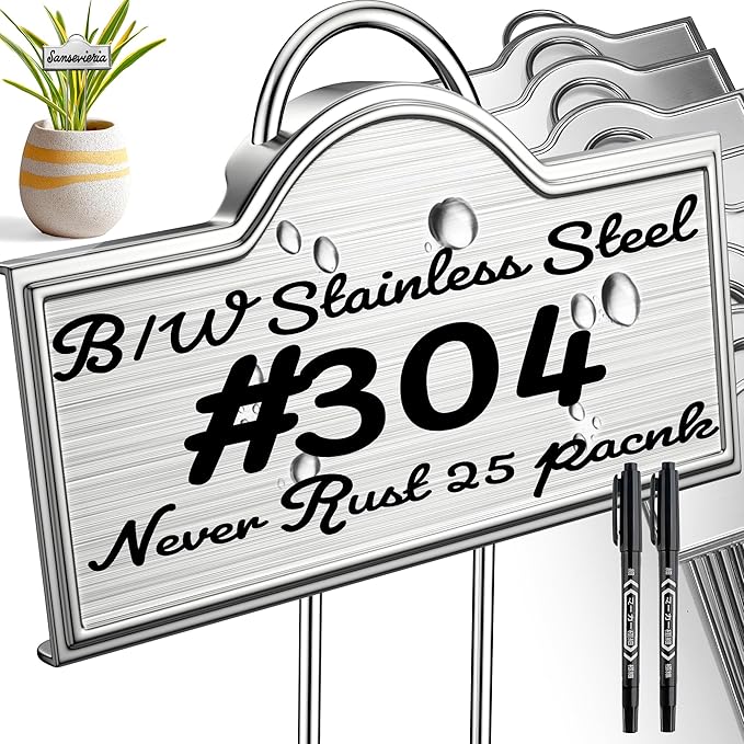 Stainless Steel 304 Plant Labels for Garden Outdoor | Metal Plant Markers Waterproof for Vegetables Herb Seedlings Flowers with 2 Pens | 25 Pack | Label Area 3.74'' x 1.39'' Height 10.75 Inch | Silver