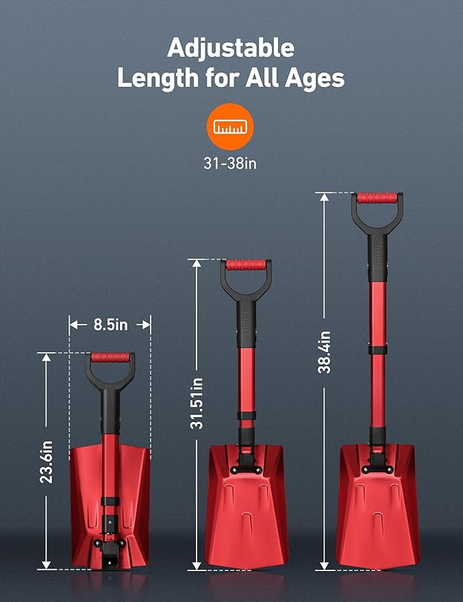AstroAI 38.4" Folding Snow Shovel for Car, Extendable Snow Shovel with Thickened Aluminum Handle and Reinforced Iron Hinge, Portable and Multifunctional for Cars, Snowmobiles, Camping and Mud, Red