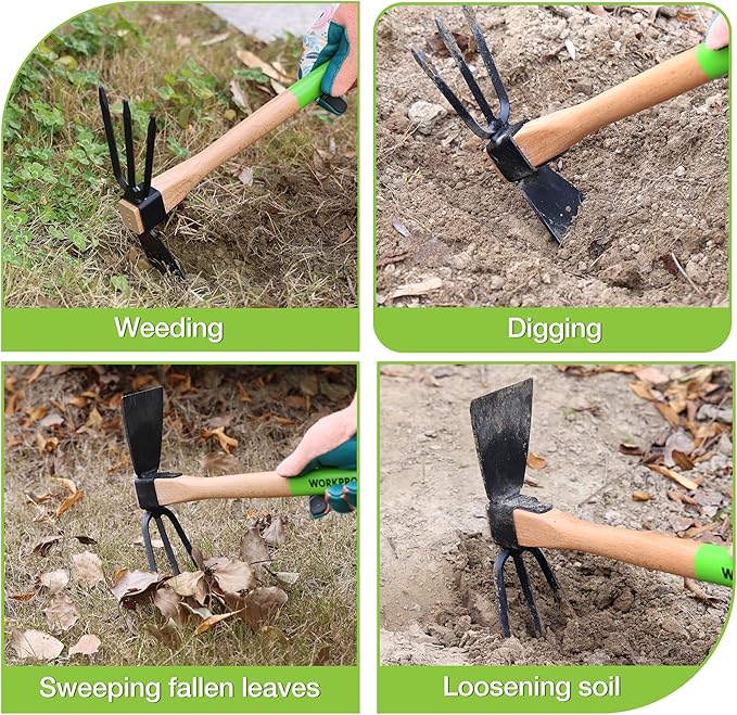 WORKPRO Hoe and Cultivator Garden Rake with 14" Wooden Handle, Sharp Hoe Blade & Sturdy 3 Claw Tiller, 2-in-1 Heavy Duty Gardening Hand Tools for Digging, Loosening Soil, Weeding, Cultivating