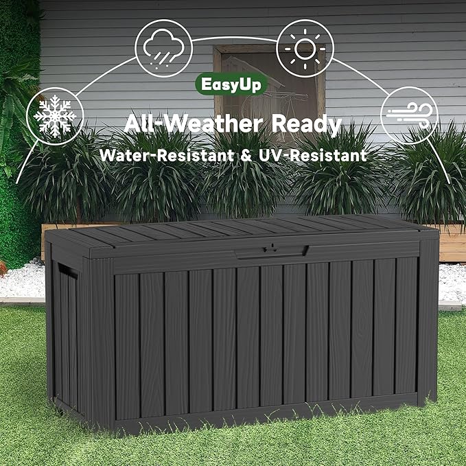 75 Gallon Outdoor Storage Box, Resin Waterproof UV-Resistant Deck Box, Reinforced Stability for Patio, Garden, and Poolside, Striped Black