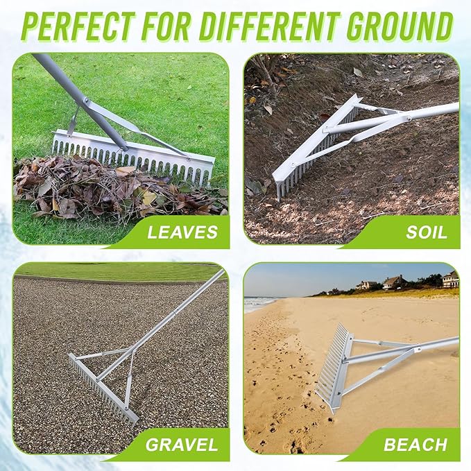 24 Inch Aluminum Landscape Rake, Garden Rake, Heavy Duty Rakes for Lawns, Metal Rake for Gardening, Loosening Soil, Lawn Care, Lake and Beach