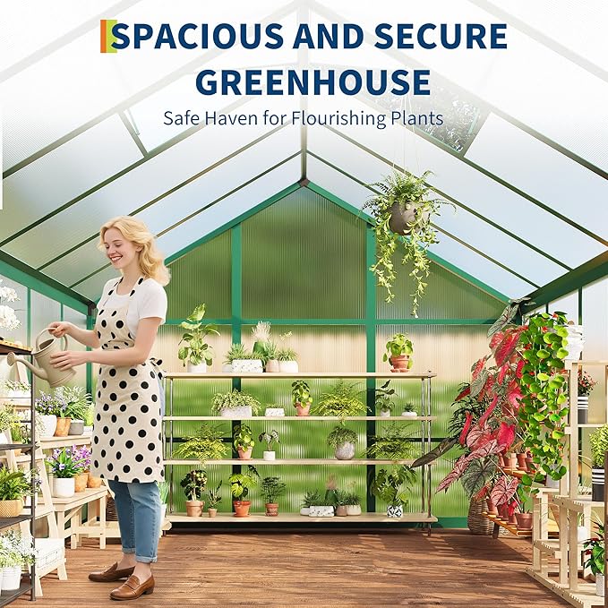 8x10 FT Greenhouse for Outdoors, Polycarbonate Greenhouse with Roof Vent, Ground Nails, Lockable Push Door, Aluminum Large Walk-in Green House for Outside Garden Backyard, Patio, Lawn, Green