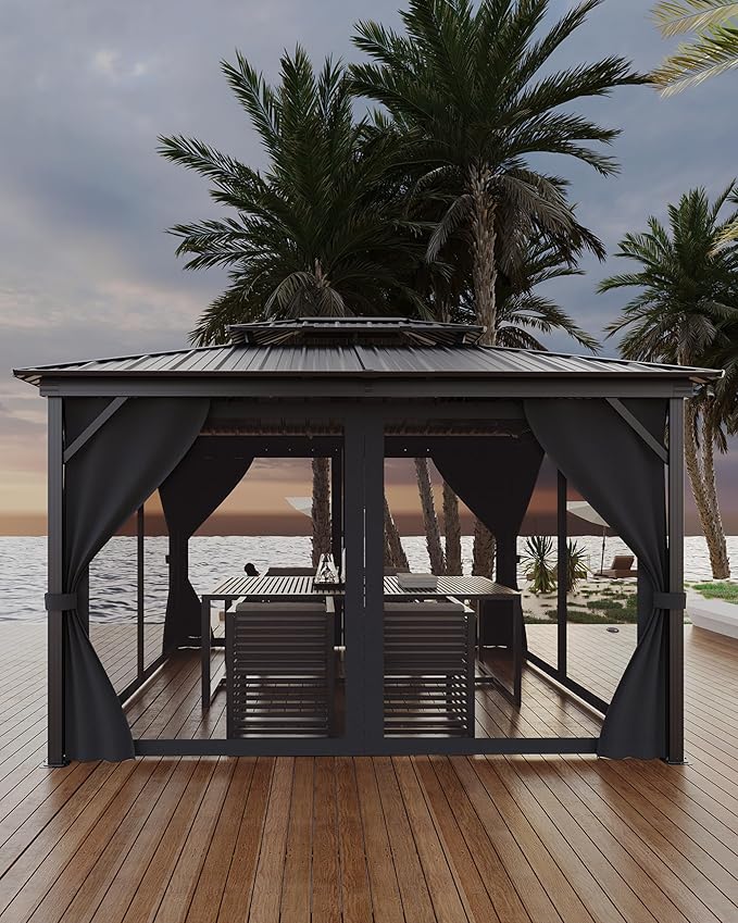 10x12 Ft Hardtop Gazebos with Heavy Duty Double Roof, Nettings and Curtains Galvanized Steel Outdoor Gazebos for Patio, Backyard, Deck, Lawn (Grey)