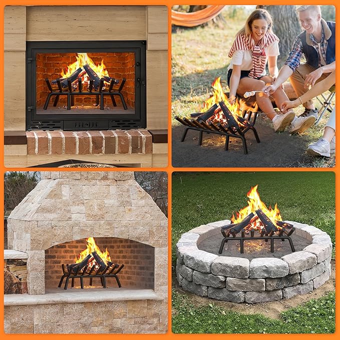Fireplace Grate 24 Inch with 8 Support Legs, Round Solid Steel Heavy Duty Fireplace Log Holder with Fire Tongs & Poker, Fireplace Log Grate for Indoor Fireplace and Outdoor In-ground Firepit