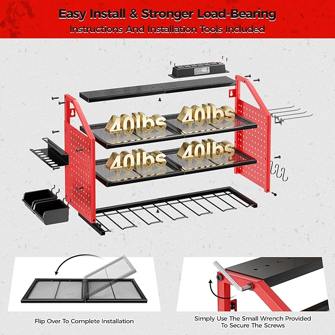 LBT Power Tool Organizer With Charging Station,Patented,Heavy Duty Steel,6 Drilling Rig Sizes With Hooks And Screw Boxes,6 sockets,Easy To Install Garage Storage Rack,Great Gift For Men, Red