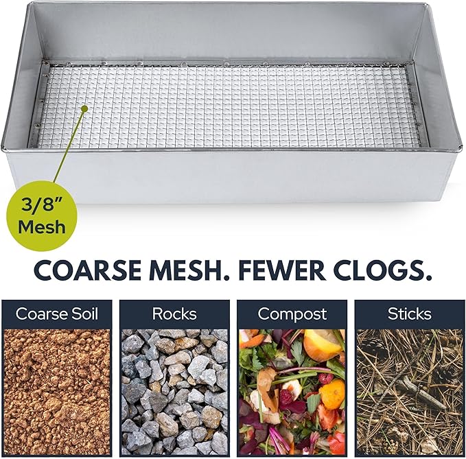 Soil Sifter, Wide Size (17.5 x 11.5 inches) with 3/8-inch Mesh, Garden Sieve for Dirt, Sand, Rocks, and Compost