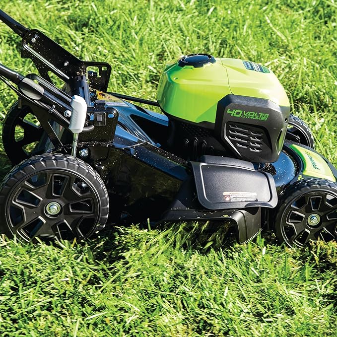 Greenworks 40V 20" Cordless Push Lawn Mower with Axial Leaf Blower(500 CFM / 120 MPH), 12" String Trimmer, 160 PSI Portable Tire Inflator, Includes 2 Batteries(5Ah+2Ah) & Chargers