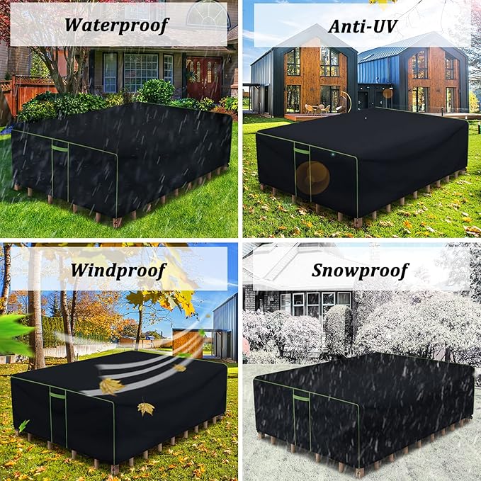 Patio Furniture Covers Waterproof, Heavy Duty 600D Outdoor Furniture Covers for Outdoor Dining Table and Chair,Tear Resistance and Anti-UV, 74"L x 47"W x 28"H, Black with Green Piping