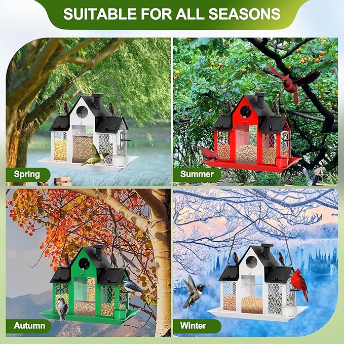 Solar Bird Feeders House for Outdoors Hanging, 7LBS Large Capacity Metal Wild Bird Feeder Squirrel Proof for Outside with Water Cup, Cardinal Birdfeeder Birdhouses Gift for Bird Lovers (Green)