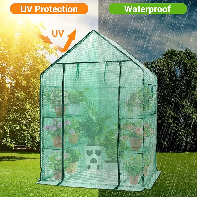 Ohuhu Greenhouse for Outdoors with Mesh Side Windows, 3 Tiers 4 Shelves Small Walk-In Green House Plant Stands Plastic PE Cover Outside Portable Warm House for Seedling Flowers Growing, 4.8x2.5x6.4 FT