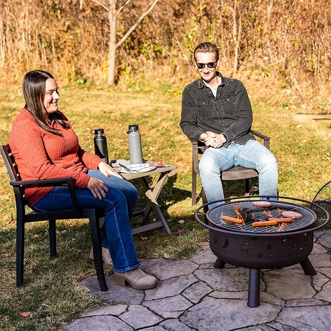 Sunnydaze Cosmic 30-Inch Outdoor Fire Pit - Wood Burning Fire Pit with Cooking BBQ Grill Grate, Spark Screen, and Fireplace Poker - Celestial Design