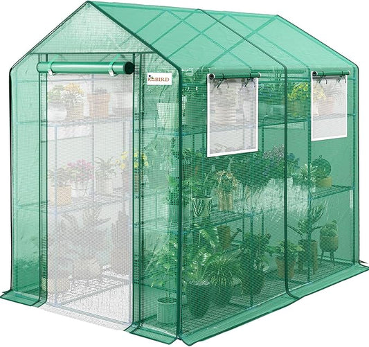 KING BIRD Premium Greenhouse for Outdoors, 84 x 56 x 77 Upgraded PE Cover & Steel Frame Walk in Hot House, w/ Zippered Screen Windows Mesh Door, 3 Tiers 20 Shelves for Outside Garden, Green