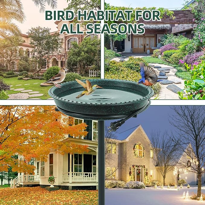 Heated Bird Bath for Outdoors for Winter, 75W Bird Bath Water Heater Bird Bath Deicer,Deep Bowl Thermostatic Control Weather Resistance Available with Stable Metal Pole for All Seasons(Green)