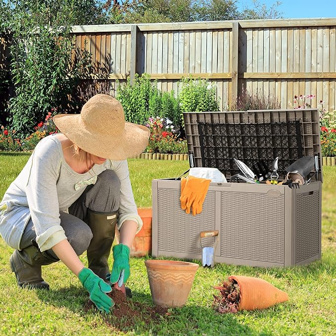 YITAHOME 100 Gallon Large Deck Box Upgrade Resin Outdoor Storage Boxes, Waterproof Patio Cushion Storage Bench for Patio Furniture, Pillows, Pool Supplies, Garden Tools- Rattan,Lockable (Light Brown)