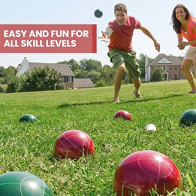 100mm Bocce Ball Set Regulation Size and Weight for Lawn, Beach Bocci Game for 2-8 Players (Green and Red)
