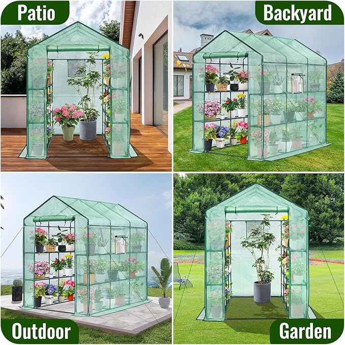 Greengro Greenhouse, 57 x 85 x 76'' Greenhouses for Outdoors, Portable Greenhouse Kit with Mesh Side Windows, PE Cover, 8 Shelves, Heavy Duty Walk in Green House for Backyard Garden Indoor Outside