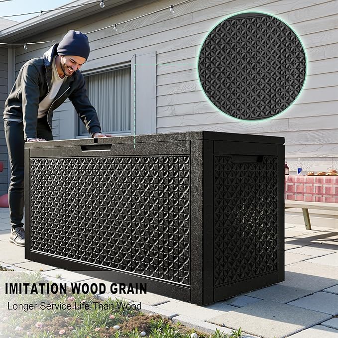 100 Gallon Resin Deck Box, Lockable Outdoor Storage Box for Patio Cushions Storage Furniture,Garden Tools, Pool Supplies, Weatherproof and UV Resistant(Black L)