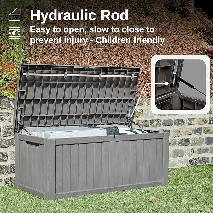 EAST OAK Outdoor Storage Box, 120 Gallon Deck Box with Stainless Steel Rods Large Resin Storage Bin for Patio Cushions, Garden Tools, Waterproof and UV Resistant, Lockable, Grey